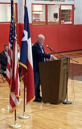 SCOTT SPEAKS Veteran Steve Scott (above), a former longtime educator and coach, was the guest speaker. at Lockney ISD’s Veterans Day celebration with music by the school band (below), a keynote address and a focus on the day’s true meaning. | DOUG HENSLEY PHOTOS