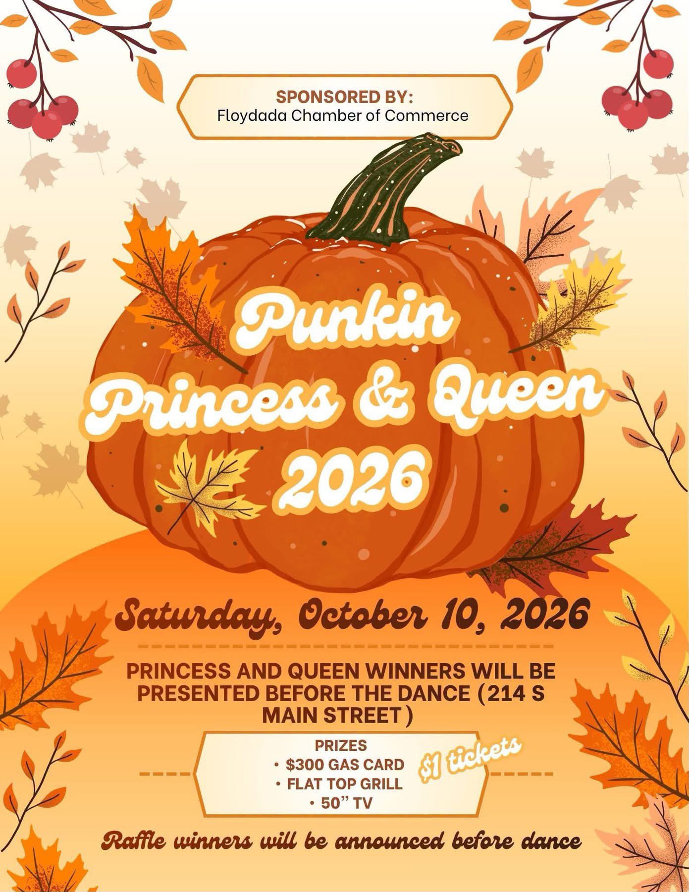 PUNKIN PAGEANT Miss Floydada Royalty will host a Miss Pumpkin contest with registration at 8:15 a.m. Saturday, Oct. 10, at the Floyd County Courthouse Pavilion. The contest will begin at 9 a.m. and include divisions for Baby, Little Miss, Tiny Miss, Petite Miss, and Junior Miss. To register early or find out more information, call Kim Cuellar at (806) 685-6885.