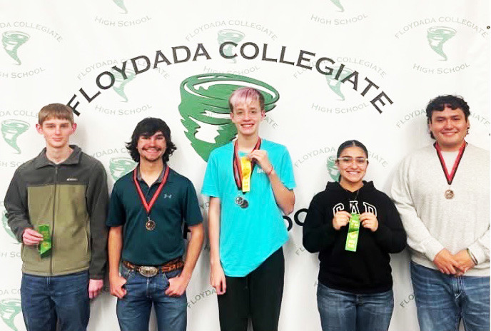 TECH VIRTUAL MEET competitors from Floydada High School, from left, were Joshua Stewart, Kanon Rainwater, Wesley Crowe, Alejandra Martinez, And Hiram Lopez. | FLOYDADA CISD