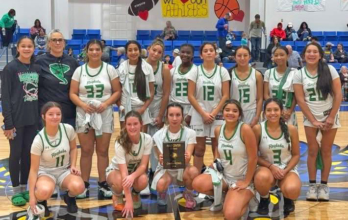 The Lady Winds Junior Varsity basketball team brought home the first-place trophy from the Hale Center Tournament. They beat four teams to capture first place. Lady Winds are (front row, from left) Jessa Louallen, Korbin Womack, Tiffany Perez, Miley Morales, Addison Hinson; (back row, from left) Aybree Taylor, Coach Abby Sanders, Nayohmi Garcia, Mia Casares, Tyra Gonzales, Amareah Taylor, Ariel Falcon, Kyra Segura, Kyra Williams, Aubri Martinez. | FLOYDADA CISD PHOTO
