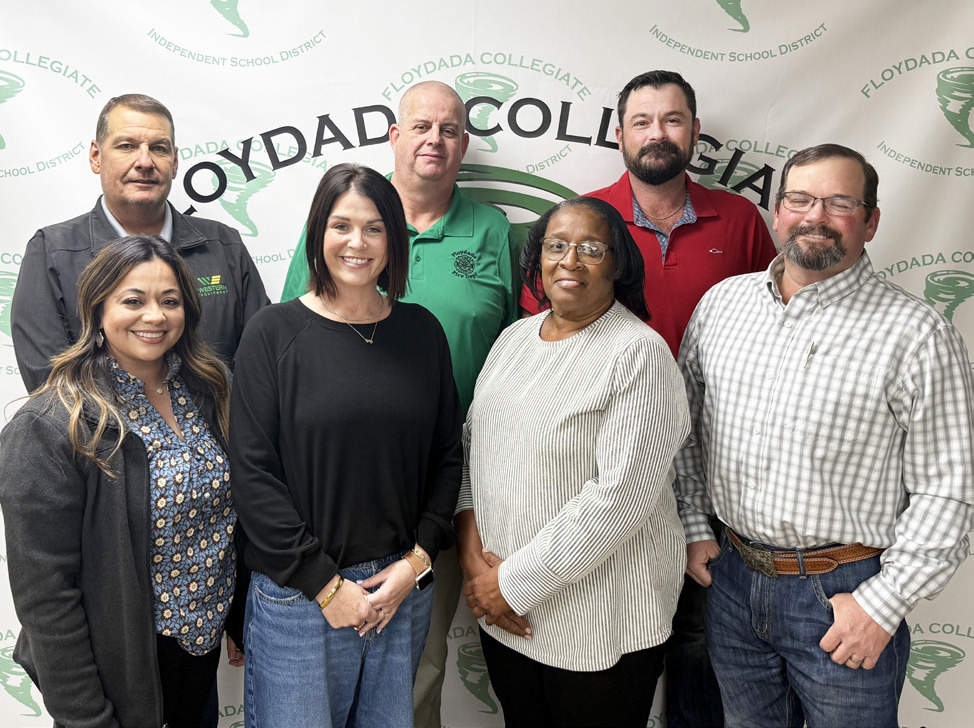 BOARD MEMBERS OF THE MONTH were recently honored by Floydada CISD. Back row, from left, are Roger Hughes, District 1; Randall Sims, District 5; Randy Moore, At-large seat. Front row, from left, are Gracie Diaz, District 3; Brianne Glasscock, District 2; Beverly Collinsm District 4; and Eric Smithm At-large seat. | FLOYDADA CISD PHOTO