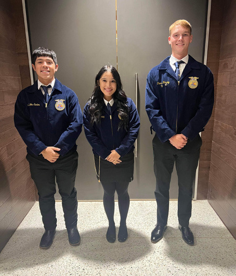 Floydada FFA Radio Broadcasting team members are, from left, Noe De Los Santos, Carisa Fernandez and Reese Hinsley. | FCISD PHOTO