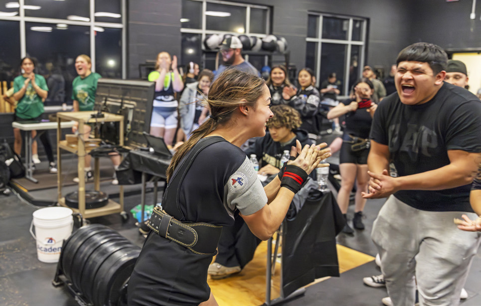 PULLING HER WEIGHT Sophie Gutierrez of the Lockney powerlifting squad celebrates a 1st-place finish in her weight class at the Westerner Invitational Feb. 13. | CERVANTES PHOTOGRAPHY