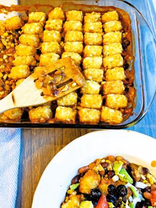 TIPS FOR TOTS Bake these premade, frozen shredded-potato favorites into a meaty, mouth-watering one-dish meal. ANGELINA LaRUE PHOTO