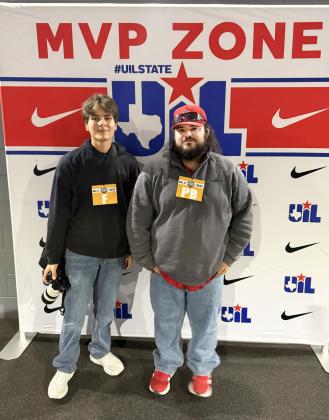 REPORTING FROM ARLINGTON For early-career journalists Noah Fierros of Floydada (left) and Russ Morris of Post, reporting from the field at AT&amp;amp;T Stadium made for a learning experience to be long remembered. | STEPHANIE ALLEN PHOTO