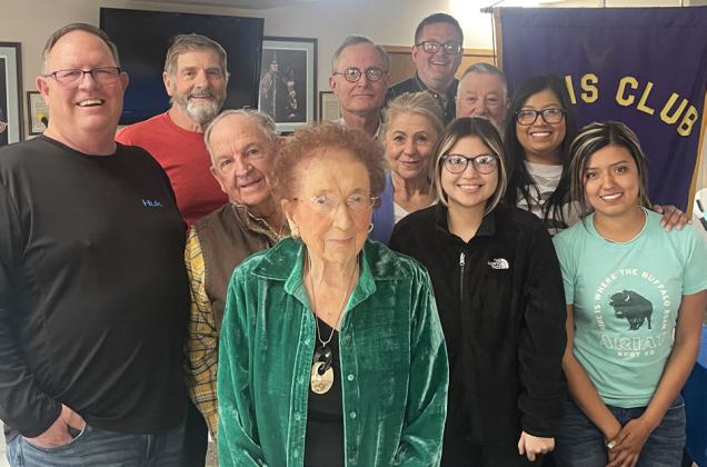 Floyd County music legend Lucy Dean Record was the honored guest speaker at the March 19 Floydada Lions Club noon luncheon meeting at the Floydada Methodist church. Record recounted stories of her life and her deep belief in God. She was happy to play some of her piano favorites, and the audience’s favorites on the piano to everyone’s most appreciative applause. Lucy Dean also invited everyone to attend her upcoming 100th birthday party slated for the Floyd County Unity Center in June. | COURTESY PHOTO