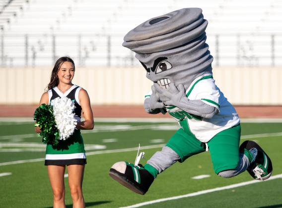 MENACING MASCOT At the 2024 Meet the Whirlwinds, Windy (right) stirred up the crowd—and the cheer squad— to prepare for victory on the gridiron this fall. MORE PHOTOS, PAGE 4 | FLOYDADA YEARBOOK