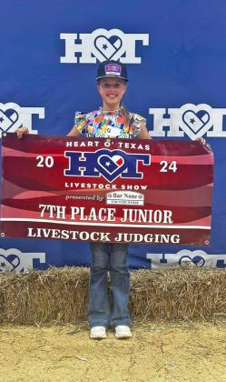 Floyd County 4-H Team 1 placed second overall in swine, and Parker Kellison placed seventh overall as an individual at the Heart of Texas Livestock Judging Contest in Waco last Sunday. There were over 650 participants at this contest. This team also judged at the State Fair in Dallas this week. Team members and sponsors, from left, are Mark Carroll, Paislee Nutt, Stetson Nutt, Parker Kellison, Caydence Yeary, Brighton Reese, Braxton Cole and Coach Bailey Nutt. | TEXAS AGRILIFE EXTENSION SERVICE PHOTO