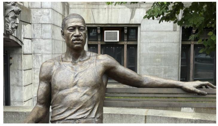 A 700-pound bronze statue of George Floyd is seen in Newark, N.J., 6/22/21 (STRF/STAR MAX/IPx via AP)