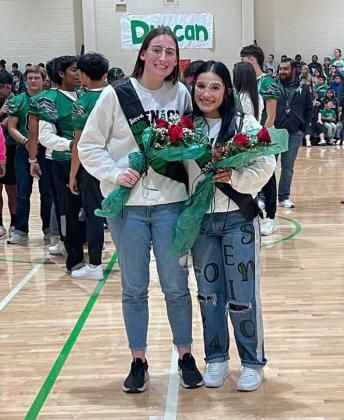 FOOTBALL SWEETHEARTS Carisa Fernandez (right) was chosen as the 2023 Floydada Whirlwind Football Sweetheart at Floydaa’s pep rally last Friday. First runner-up was Sierra Snowden (left). | FCISD PHOTO