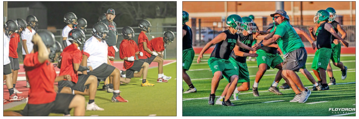 TWO-A-DAYS UNDERWAY The Floydada Whirlwinds and the Lockney Longhorns have begun their two-a-days practices, an annual tradition that heralds the beginning of football season. For more photos and varsity football schedules turn to the school pages on page 4 and page 5. | CERVANTES PHOTOGRAPHY, FLOYDADA YEARBOOK PHOTOS