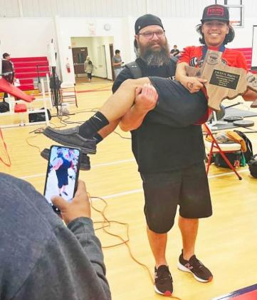 LIGHTWEIGHT LONGHORNS LIFTER Damion Gonzales (at left, top, center, and left) won the state powerlifting meet in Abilene last week with 1,000 pounds overall. ANGIE KUNSLEMAN PHOTOS