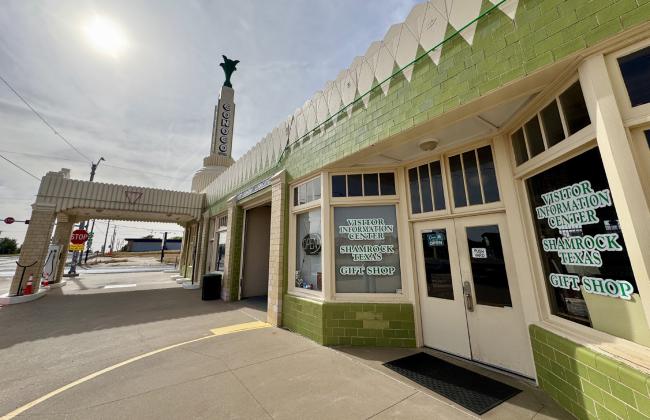 RESTORED IN 2003 with bright green and red neon-light accents, the U-Drop Inn / Conoco Tower in Shamrock, Texas, turns 90 years old this year.