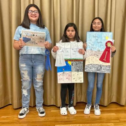 POSTER PRIZES Above, from left, Floyd County winners in the fifth grade were Cindy Rodriquez, first place; Jocelyn Baltazar, third place; and Abree Castillo, second place. | COURTESY PHOTOS