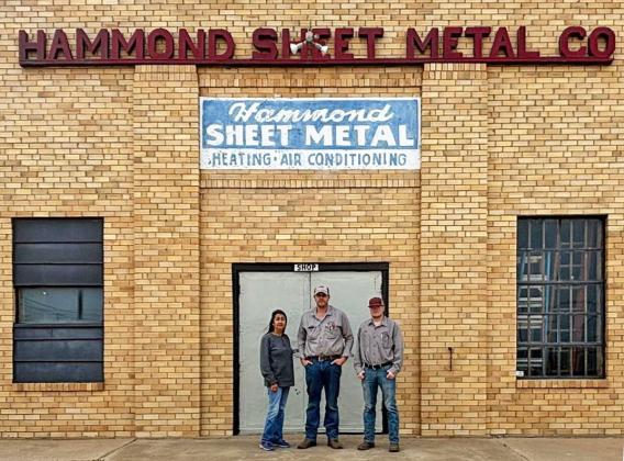 CUT OUT FOR BUSINESS Hammond Sheet Metal was chosen as Floydada Chamber’s April Business of the Month. From left, Sylvia Bueno, owner Zach Emert, and Dusty Prisk. | BARBARA ANDERSON, FCHB