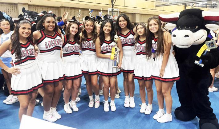 TOP HONORS The Lockney cheerleaders went to camp last week and came home with a 1st-place trophy for their Spirit Routine.Their Mascot came home with a trophy of her own. | COURTESY PHOTO