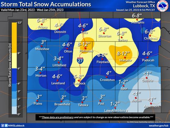 SNOWFALL in amounts up to 11 inches was recorded across the South Plains region on 24 January 2023. | NATIONAL WEATHER SERVICE