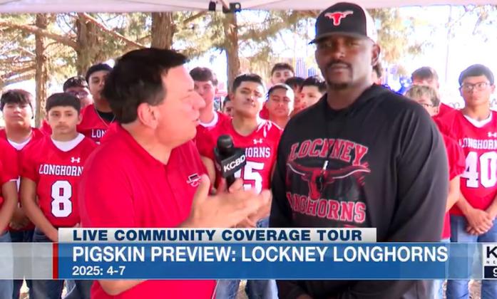 At the July 22 KCBD-TV Community Coverage event in Lockney, sports director Pete Christy (left) also spoke with new Lockney Longhorns head football coach Michael Lewis about his hopes for the fall season. | COURTESY PHOTO