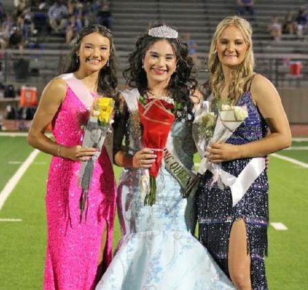 2024 FLOYDADA CHS HOMECOMING QUEENS COURT were applauded by the crowds at last Friday night’s Whirlwinds football game: Queen, Katelyn Ramirez (middle); 1st runner-up, Kirsten Pyle (right) and 2nd runner-up, Allyson Romero. | FCISD PHOTO