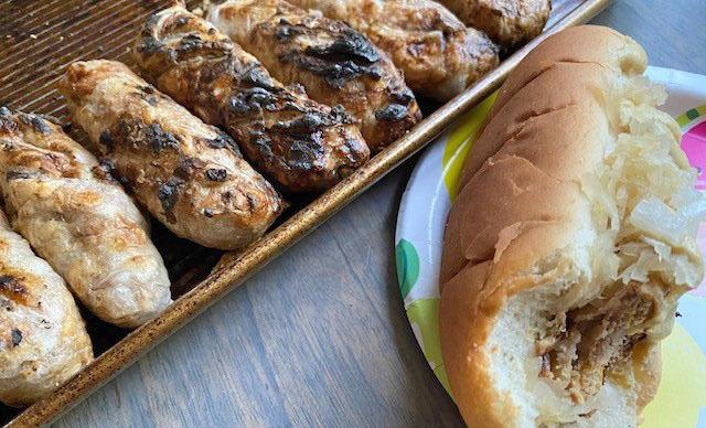 BEST, NOT WURST Using a rice spring-roll wrapper as the casing creates a crisp, snappy outer shell for the plant-based brats. | ANGELINA LARUE PHOTO