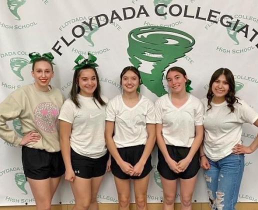Varsity cheerleaders (from left) are Callie Brittain, Katelynn Ramirez, Allyson Romero, Miya Fipps, and Hailee Garza. Not pictured is Kirsten Pyle.