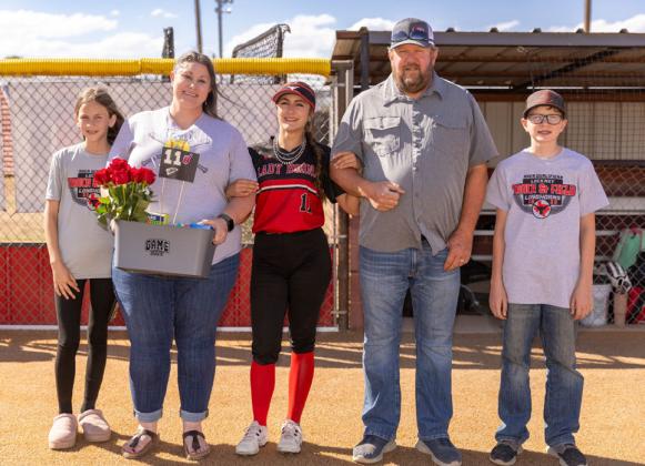 At their home field, Lockney Lady Horns seniors Madison Marmolejo and Emma Nelson were recognized by their school and hometown fans for senior night last week. | CERVANTES PHOTOGRAPHY