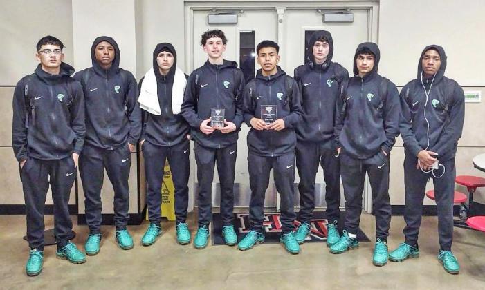 WHIRLWIND BASKETBALL PLAYERS, from left, Orli Ortiz, Tyrean Henderson, Aiden Treviño, Braun Hobbs, Abran Castillo, Hagen Hinsley, Saul Reyes, and Jason Cooper. (Not pictured - Whirlwind Head Coach Eddie Walker). Also: Abran Castillo - MVP New Home Tournament Braun Hobbs - named to All Tournament Team PHOTO COURTESY OF Jasone Pearson Media