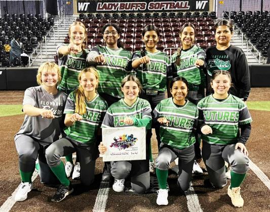 BRINGING HOME THE GOLD Floydada Futures went 6-0 in the “Strike Out Cancer Softball Tournament held at the Rick Klein Sports Complex in Amarillo Oct. 14-15. Shown are (back row, from left) Brooklyn Pyle, Zaylee Hawkins, Bella Perez, Jenna Martinez, Coach Erica Perez; (front row, from left) Sydney Hardcastle, Madison Pyle, Bailey McHam, Abigail Reyes, and Karah Cavazos. Not pictured is Rilynn Hinsley. | COURTESY PHOTO