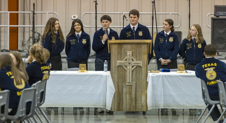OUTGOING DISTRICT FFA LEADERSHIP were recognized for their service: Cooper Martin, Sentinel (Abernathy), Aubrey Agundis, Treasurer (Plainview), Rylee Austin, President (Lockney), Bryson White, Reporter (Happy), Gracie White, vice president (Nazareth) and Sydni Chesshir, secretary (Floydada).