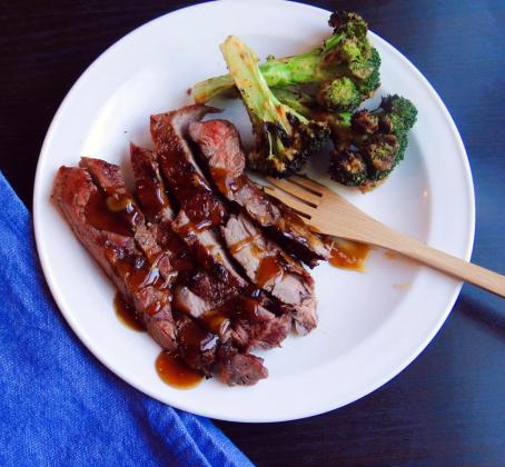 OVER CHARCOAL OR GAS Whether you grill with charcoal or gas, this meal will grill up beautifully. The marinade is a teriyakistyle sauce and is also a tasty basting sauce for the broccoli. | ANGELINA LaRUE PHOTO