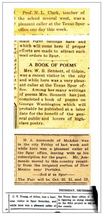 AT THE NEWSPAPER OFFICE Sample issues from The Texas Spur from 1909 onward quaintly describe everyday visits to a weekly newspaper office. | THE TEXAS SPUR