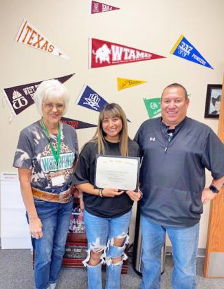 PITCH PERFECT Shown from left, FCHS Principal Dara Ware, awardwinning softball pitcher Erin Trevino and FCHS Softball Coach Morales. | FCISD PHOTOS