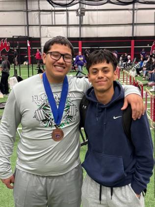 WHIRLWIND POWER Jakob Cuellar (left) and Leo Mendoza competed in the boys regional powerlifting meet in Brownfield on March 6. Jakob earned 3rd place with a total weight of 1,370 lbs. | FLOYDADA CISD PHOTO