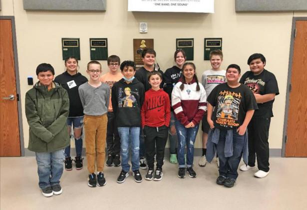 FLOYDADA CJHS BAND students competing in the Middle-School All-Region auditions were, from left, Jason Luna, Alli Hernandez, Wesley Crowe, John-Taylor Snowden, Yael Lara, Noah Fierros, Kanon Rainwater, Tavianne Bullock, Jaylynn Moreno, Yager James, David Guerra, Saul Castillo. Congratulations to all participants! | COURTESY PHOTO