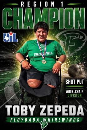 ROLLING ON TO AUSTIN Toby Zepeda, who won the regional championship in the wheelchair shot put with a throw of 17’-2.5”. He advances to the State track meet. | COURTESY PHOTO