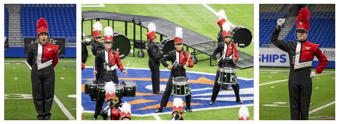 DREAMS COME TRUE At right, co-Drum Major Aryssa Garcia’s face betrayed her surprise as Lockney High School’s marching band was announced as 7th place finishers at last week’s UIL State competition. Her counterpart, Bryson Klein (left) was drum major on the field alongside Garcia. Center image: Drummers Bryson Klein on quads, Nick Cervantes on snare and Jolene Guerrero on snare. | CERVANTES PHOTOGRAPHY
