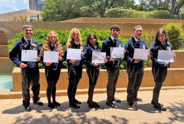 CONGRATULATIONS go to seven Floydada Collegiate High School students who earned their Texas FFA Lone Star Degrees last week at the 98th Annual Texas FFA Convention in Fort Worth. Receiving degrees were, from left, Kanon Rainwater, Rilynn Hinsley, Madison Pyle, Nalia Ordonez, Armando Chavarria, David Sanchez and Aivery Bennett. | FLOYDADA CISD PHOTO