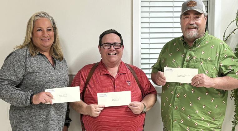 THE 2023 HESPERIAN-BEACON’S FOOTBALL CONTEST WINNERS from left, are Kellie Cantwell, first place; Boyd Lee, second place; and Clay Lowrance for County Wide Cotton Gin, tied for third place along with Daniel Diaz (not pictured). Winners in places 4-10 receive a year's subscription. We would once again like to say thank you to all the participants and especially the sponsors who make this contest possible. | BARBARA ANDERSON PHOTO