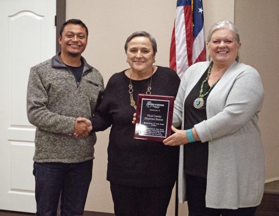BUSINESS OF THE YEAR Floydada Chamber Manager Isaac Martinez congratulates Kay Ellington, publisher, and Barbara Brannon, editor with the Floyd County Hesperian-Beacon on being named the Floydada Business of the Year. | FCHB PHOTO