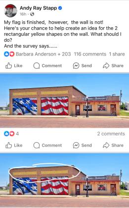 LOCKNEY MURAL Celebrated artist Andy Stapp of Lockney began work on a new mural on a Main Street building this spring. By mid-June Stapp posted his progress on Facebook, requesting ideas for a design to fill the two light-colored brick bands on the building. Suggestions ranged from patriotic slogans to artistic designs representing Lockney’s history. As of this week, the post had generated more than 150 comments. | COURTESY PHOTO