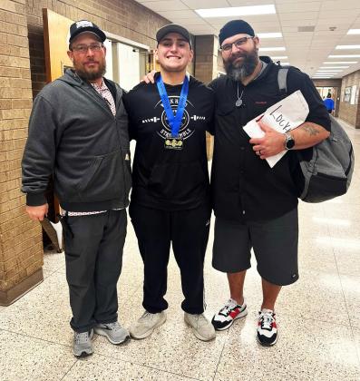 POWER UP Lockney’s powerlifting team participated in the Randall Raiders Powerlifting Meet at Canyon Randall January 25. Masen Rehkopf (shown with Coach Kunsleman and Coach Pritchard) took 1st Place in the 242-lb. class; Krista Azua too 2nd Place Overall in the 114 weight class; and Sophie Gutierrez took 3rd Place Overall in the 123-lb. class. | CERVANTES PHOTOGRAPHY