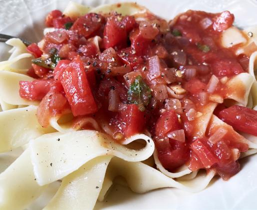 PAPPARDELLE— pasta in the shape of wide ribbons—is the basis for this hearty, healthy main dish. | ANGELINA LaRUE PHOTO