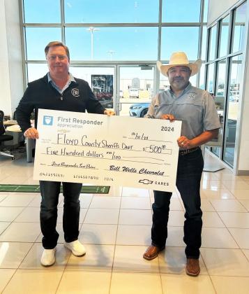 The Floyd County Sheriff's Department was recently selected by Bill Wells Chevrolet of Plainview to participate in the nationwide 2024 Chevy First Responder program. Brian Bruce (left) presented Floyd County Sheriff Paul Raissez with a $500 sponsorship check. | COURTESY PHOTO