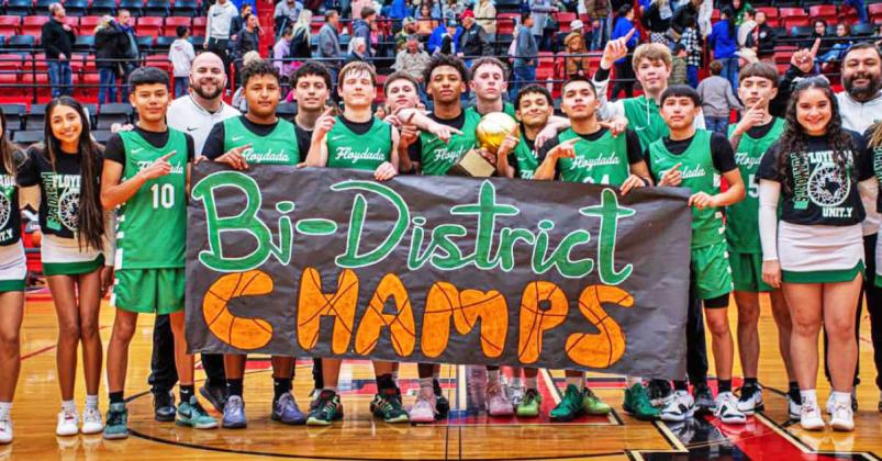 BI-DISTRICT CHAMPS The Floydada Whirlwinds defeated Farwell 65-55 to claim the Bi-District gold ball on Feb. 18. They fell to Gruver Feb. 21 in the Area playoff 62-41 to end their season. The Lockney Longhorns basketball lost their playoff game to New Home 101-31. We congratulate both teams on a great year. | COURTESY PHOTO
