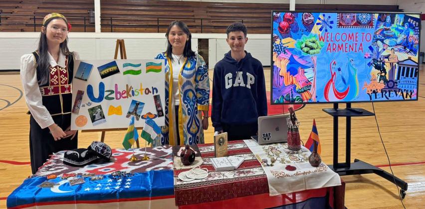 HAPPY INTERNATIONAL STUDENT WEEK Three of Lockney ISD’s six foreign exchange students, Zumrad Zhumabaeva, Shirin Reymbayeva and Mkrtich Frangyan, presented information about their home countries. | LOCKNEY ISD