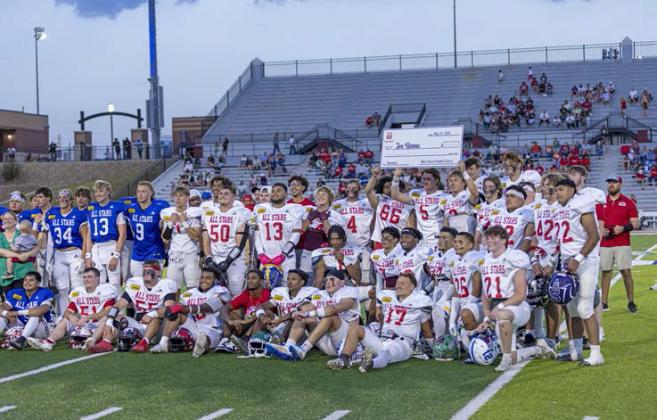 from Floyd County were selected to participate in the 2025 ASCO AllStar Classic football game. Masen Rehkopf from Lockney High School, and Tyrean Henderson and Sergio Valadez from Floydada High School, participated in the game held on Saturday, May 31, 2025, at Lowrey Field in Lubbock. The game was a fundraiser for athletes who have suffered permanent injuries while playing football. The Red team won the game with a final score of 42-21. | CERVANTES PHOTOGRAPHY
