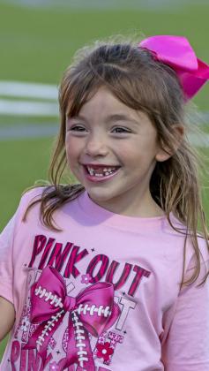 PINK OUT Evelyn Vasquez helped the Longhorns cheer on the home team—and the cancer awareness cause—at Lockney’s Oct. 18 away game.