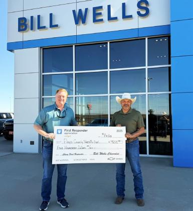 The Floyd County Sheriff's Office was selected to participate in the nationwide 2025 Chevy First Responder program, thanks to Bill Wells Chevrolet of Plainview. Through this program, they have received a $500 sponsorship check, presented last week to Sheriff Paul Raissez (right). | COURTESY PHOTO