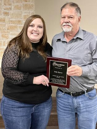 (right) was named Floydada Citizen of the Year by the Floydada Chamber of Commerce, for his years of selflesst devotion to his community. Chamber president Kalli Martin presented the plaque. (The Hesperian-Beacon misspelled Reeves’ name in last week’s coverage. We regret the error.) | HESPERIANBEACON PHOTO