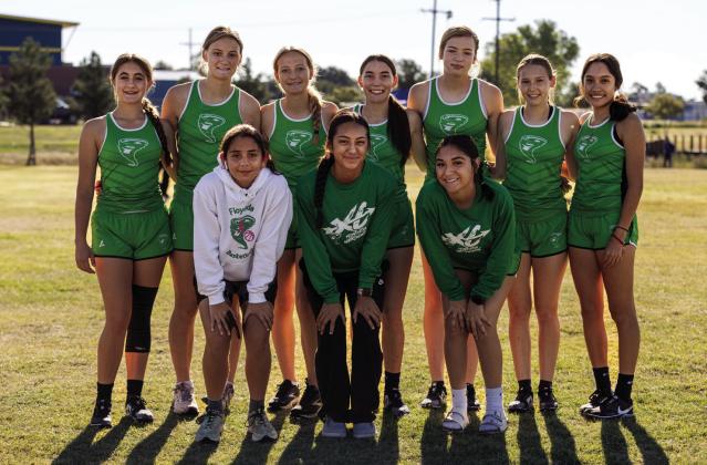 FLOYDADA GIRLS XC Back row L-R: Emma Nelson, Kirsten Pyle, Madison Pyle, Miya Fipps, Mya Snowden, Mekayla Fipps, Ana Saldana. Front row L-R: Ariel Falcon, Kyra Segura , Adrielle Martinez | COURTESY PHOTO